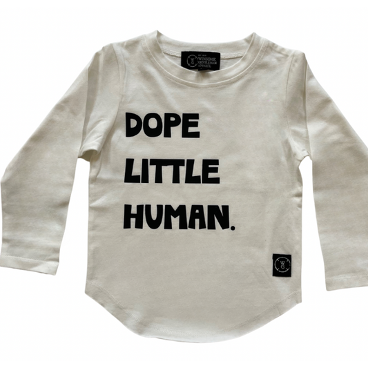 Dope Little Human Curved Hem Long Sleeve T Shirt from Winsome Gentleman Beige Tee black text